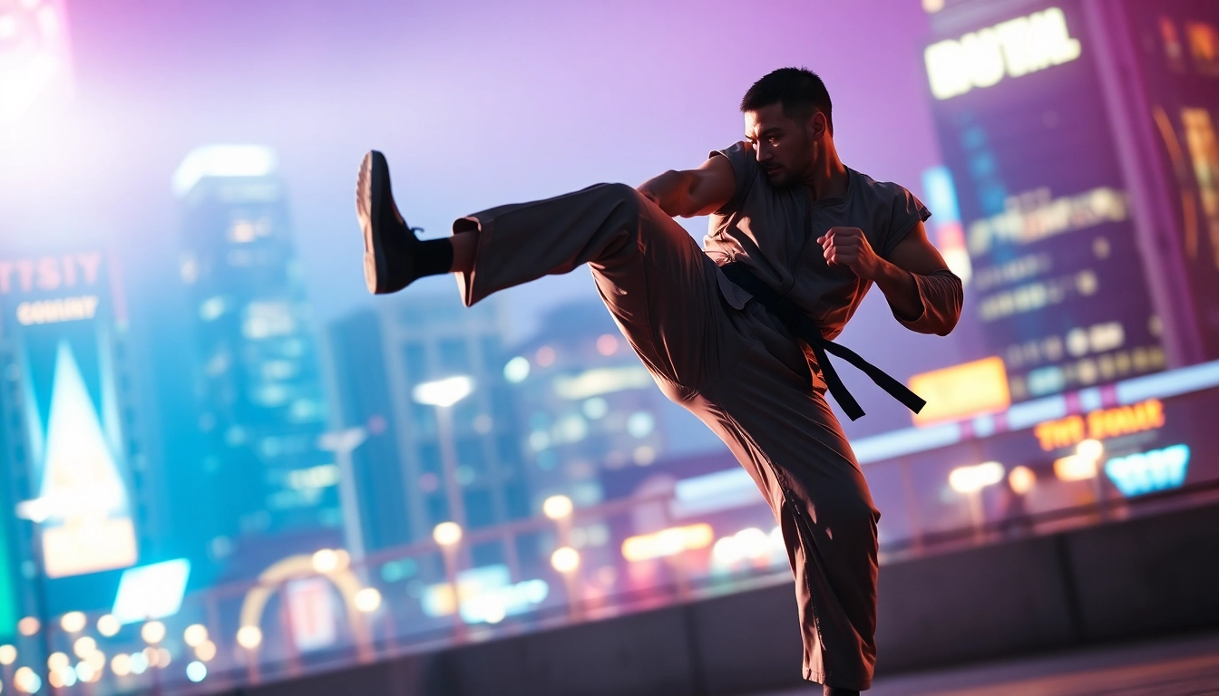 Martial Arts Thriller featuring an athlete performing a high-energy kick amid vibrant neon lights.
