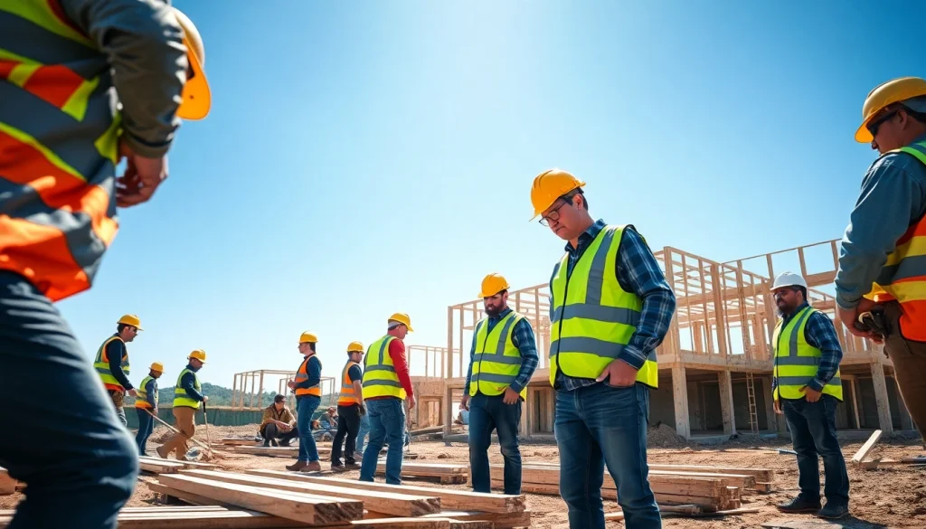 Find reliable building companies near me at a vibrant construction site showing teamwork.