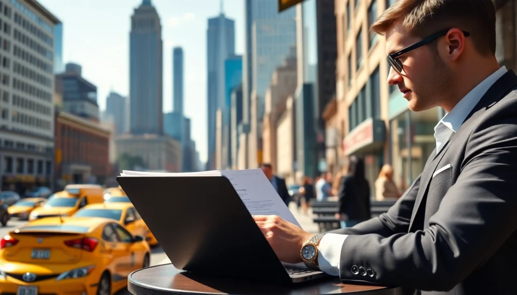 Job seeker reviewing opportunities for jobs new york in a vibrant NYC café setting.
