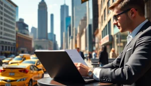 Job seeker reviewing opportunities for jobs new york in a vibrant NYC café setting.