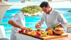 Private chef Sint Maarten showcases a gourmet meal on a yacht with vibrant Caribbean scenery.