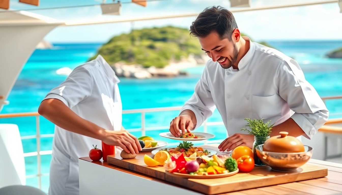 Private chef Sint Maarten showcases a gourmet meal on a yacht with vibrant Caribbean scenery.