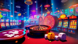 KJC AC 2 vibrant casino scene with poker tables, roulette wheel, and slot machines