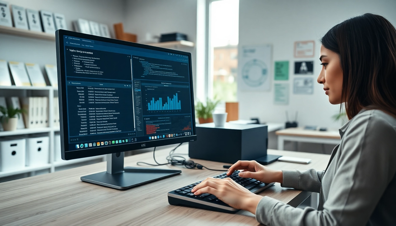 Engaged typing center professional typing efficiently at a modern workstation.