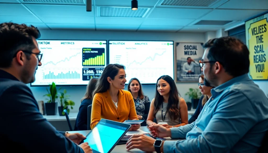 Analyze TikTok SMM panel strategies with digital marketing professionals in a vibrant office.