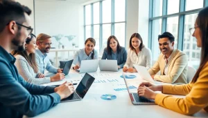 Team of professionals collaborating with a startup fractional CFO in a modern office environment.