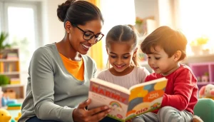 Engaging Nanny Dubai reading to children in a warm, inviting living room.