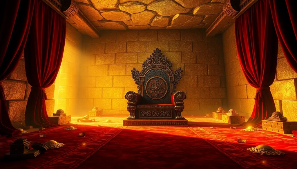 Discover the majestic grandeur of King Solomon's Mine with a treasure-filled throne room scene.