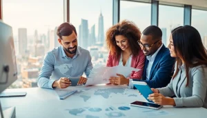 Collaborating professionals in international real estate analyzing a global map in a modern office.