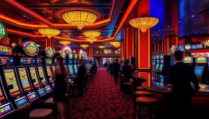 คาสิโนที่มีบรรยากาศหรูหราพร้อมเครื่องสล็อตที่มีลูกค้ากำลังเล่นอย่างสนุกสนาน