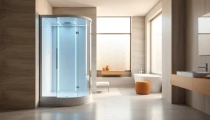 Admirez le design moderne de la cabine de douche sirhona avec éclairage LED intégré dans une salle de bain élégante.