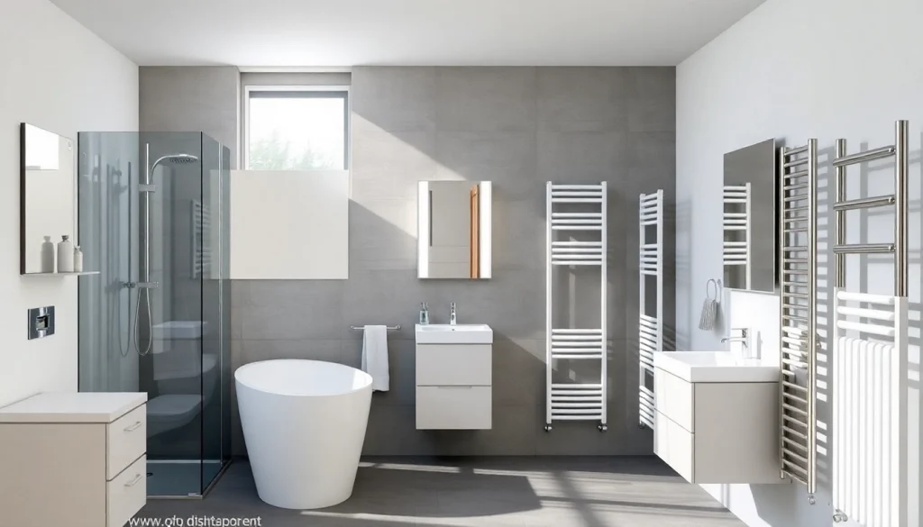 Sonni sanitär Produkte in einer modernen Badezimmerumgebung mit eleganten Duschen und Heizkörpern.