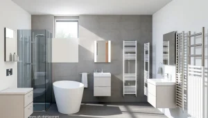 Sonni sanitär Produkte in einer modernen Badezimmerumgebung mit eleganten Duschen und Heizkörpern.