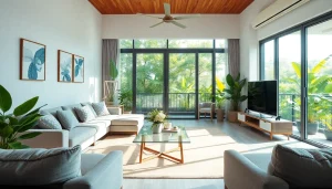 Pattaya property for rent featuring a spacious, modern living room filled with natural light and stylish decor.