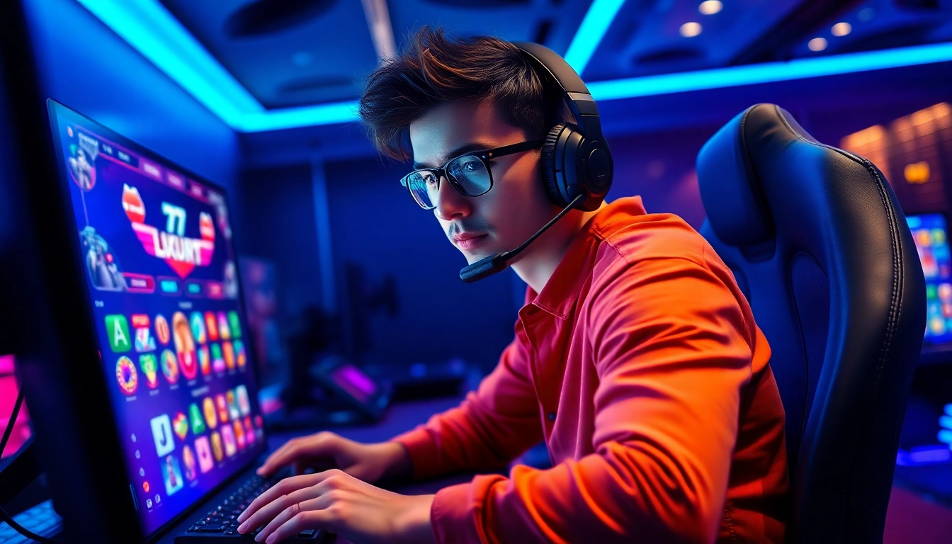 Main gamer actively enjoying luxury777 slot with vibrant graphics and modern gaming setup.