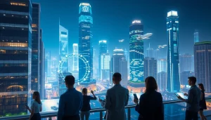 Technology professionals interacting with advanced digital displays in a vibrant futuristic city.