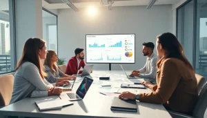 Team strategizing digital marketing solutions for 79king with analytics display.