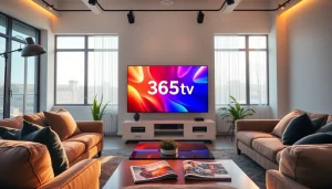 365tv의 현대적인 텔레비전과 아늑한 거실 장식의 조화로운 설정