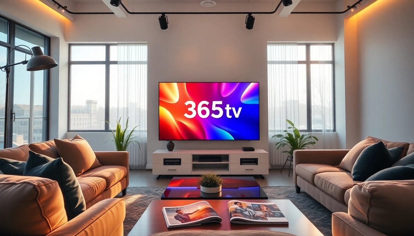 365tv의 현대적인 텔레비전과 아늑한 거실 장식의 조화로운 설정
