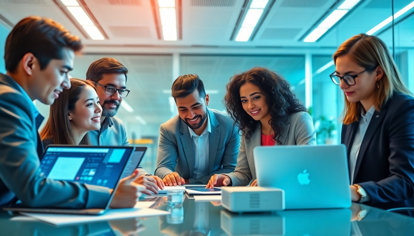 Collaboration scene showcasing WPS软件下载 in a professional office environment with diverse users.