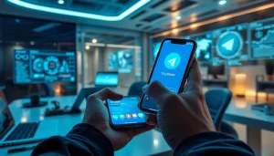 Discover Telegram官网下载 on a sleek smartphone in a modern workspace