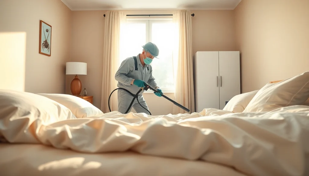Exterminator at https://affordablebedbugexterminators.com applying heat treatment in a clean bedroom.