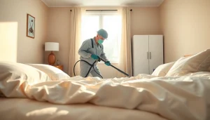 Exterminator at https://affordablebedbugexterminators.com applying heat treatment in a clean bedroom.