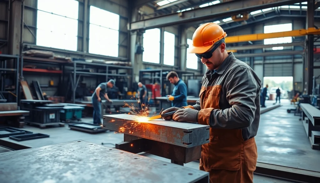 Find expert steel fabricators near me working diligently in a bustling workshop filled with steel beams.