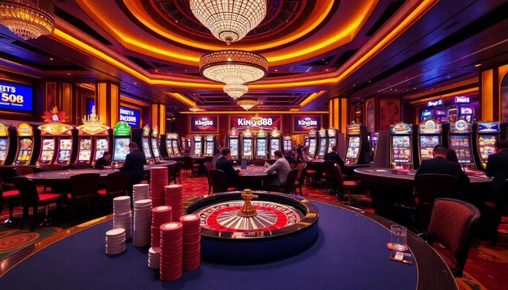 king88 players bet eagerly at a luxurious casino table featuring vibrant slot machines.