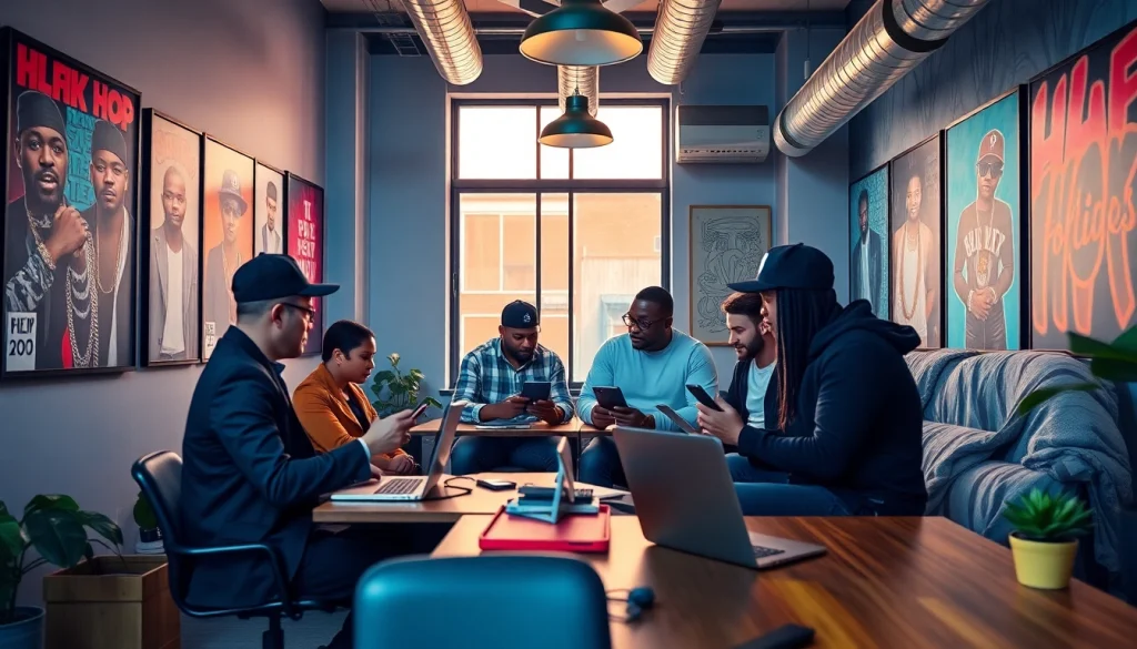 Dynamic hip hop publicist team collaborating in a trendy office, embodying creativity.