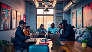 Dynamic hip hop publicist team collaborating in a trendy office, embodying creativity.