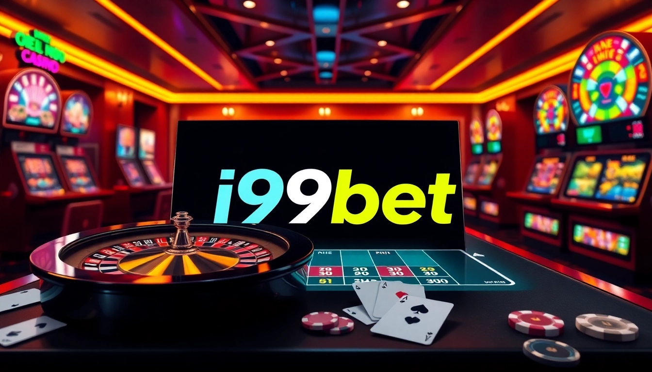 i9bet logo displayed on a vibrant online casino interface with roulette wheel and cards