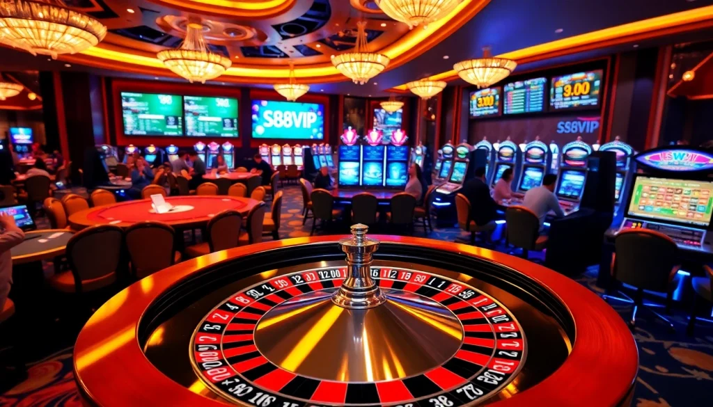 Experience the thrill of S88VIP casino gaming with lively poker tables and vibrant slot machines.