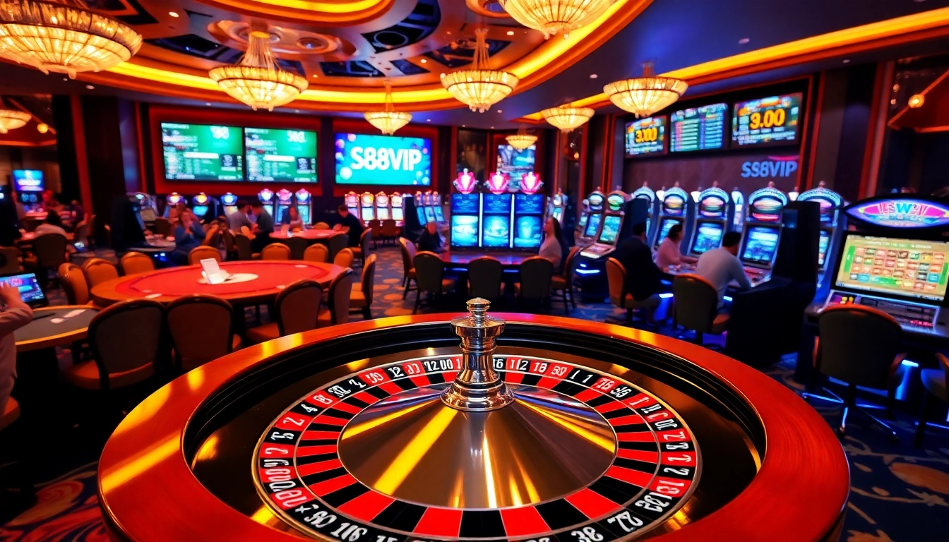 Experience the thrill of S88VIP casino gaming with lively poker tables and vibrant slot machines.
