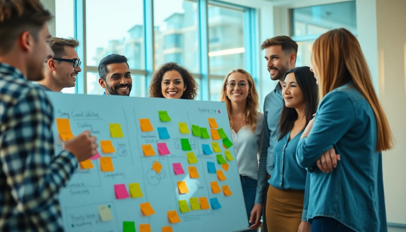 Team collaborating in a modern office, representing a Florida Ad Agency's creative brainstorming session.