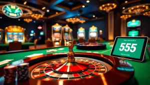 Engaging casino scene showcasing https://bl-555.io/ with poker chips and a roulette wheel for thrilling gaming action.