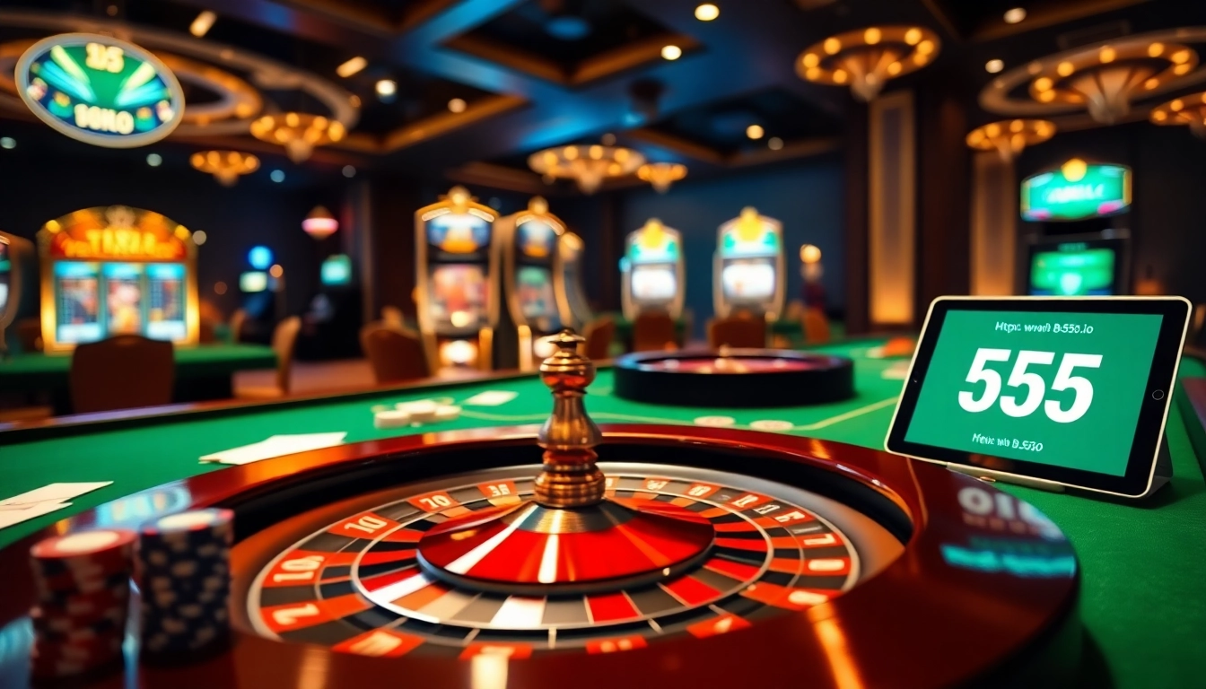 Engaging casino scene showcasing https://bl-555.io/ with poker chips and a roulette wheel for thrilling gaming action.
