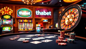Engaging poker game at thabet's casino, highlighting stylish chips and vibrant cards.