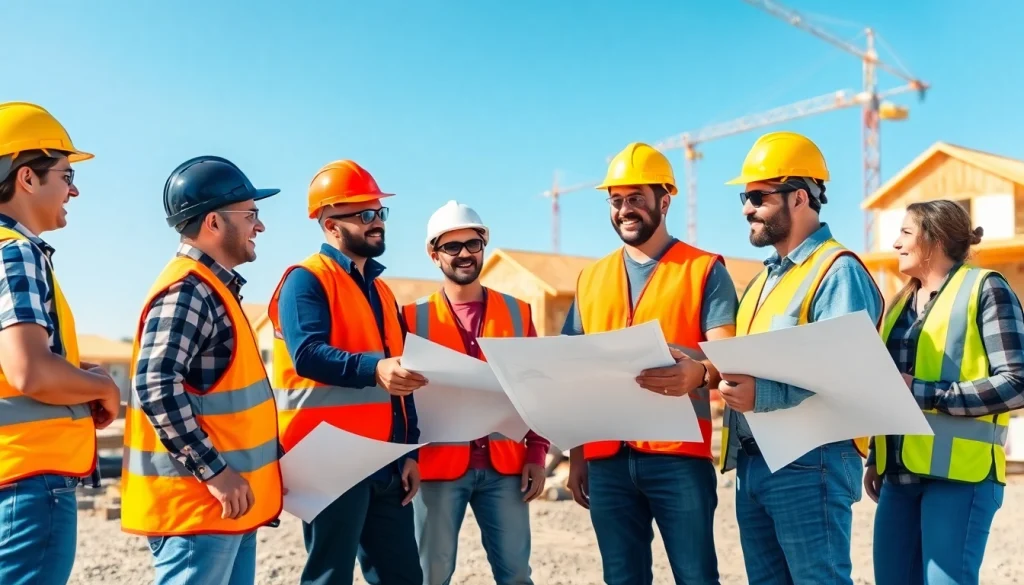 Builders collaborating on plans in a construction setting representing Texas association of builders.