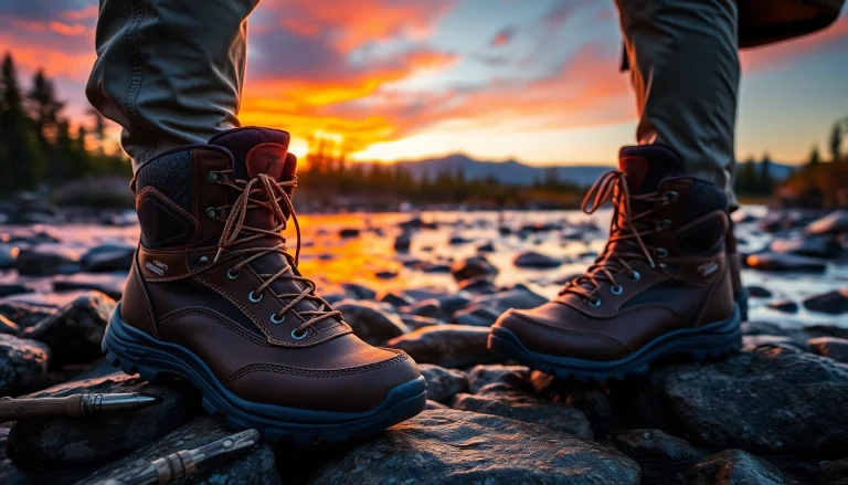 Angler wearing durable fly fishing boots while standing in a river, showcasing traction and comfort.