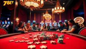 Experience thrilling poker action at 789BET's luxurious casino with vibrant chips and enthusiastic players.