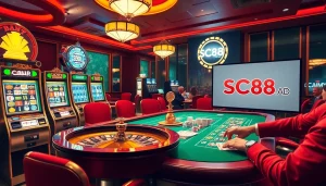 Players celebrating their wins at the luxurious SC88.ad casino, showcasing exciting slot machines and roulette tables.