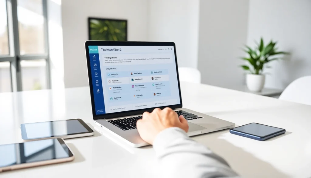 HelloWorld电脑版 software in action on a laptop, showcasing multilingual translation capabilities in a modern workspace.
