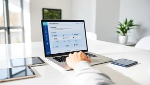 HelloWorld电脑版 software in action on a laptop, showcasing multilingual translation capabilities in a modern workspace.