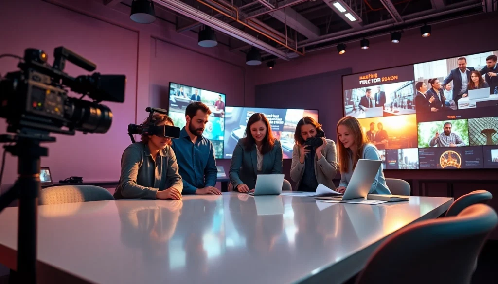 Engaging scene of Corporate Video Production team collaborating on filmmaking in a modern studio.