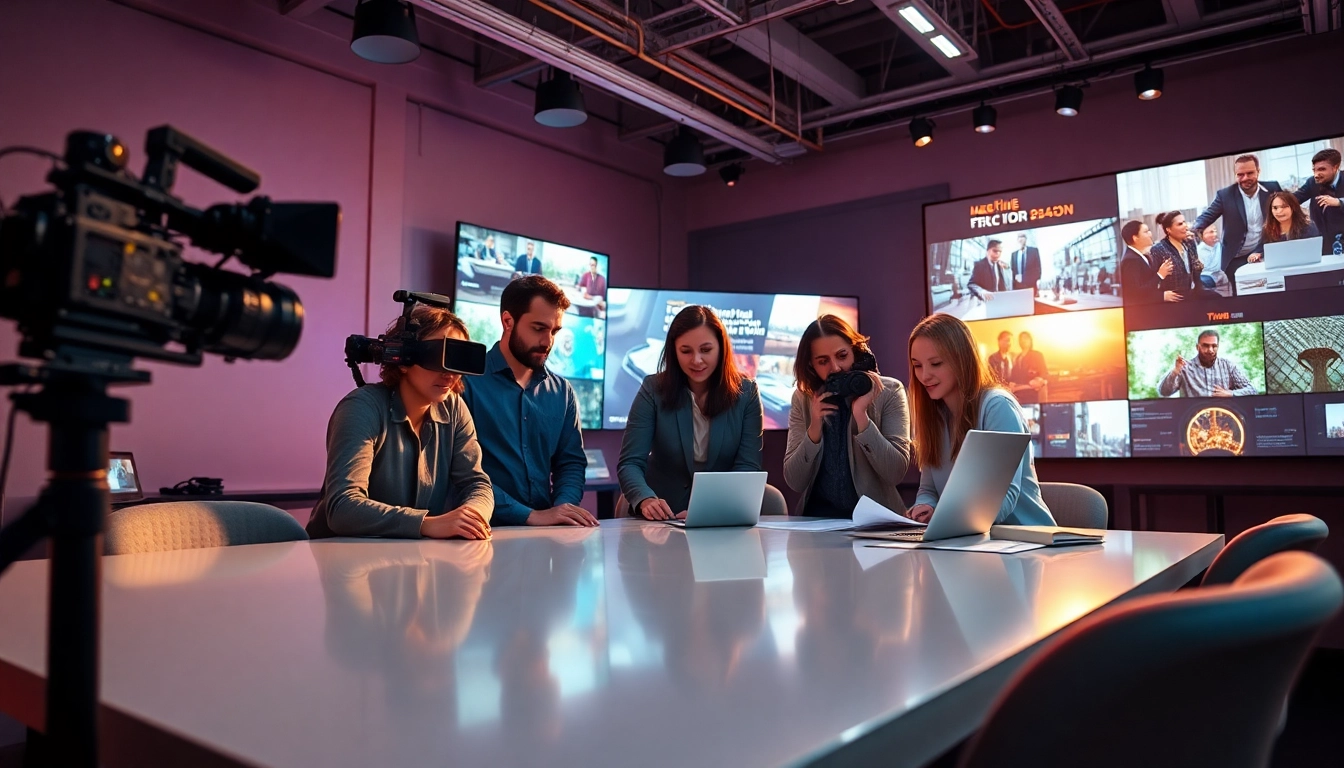Engaging scene of Corporate Video Production team collaborating on filmmaking in a modern studio.