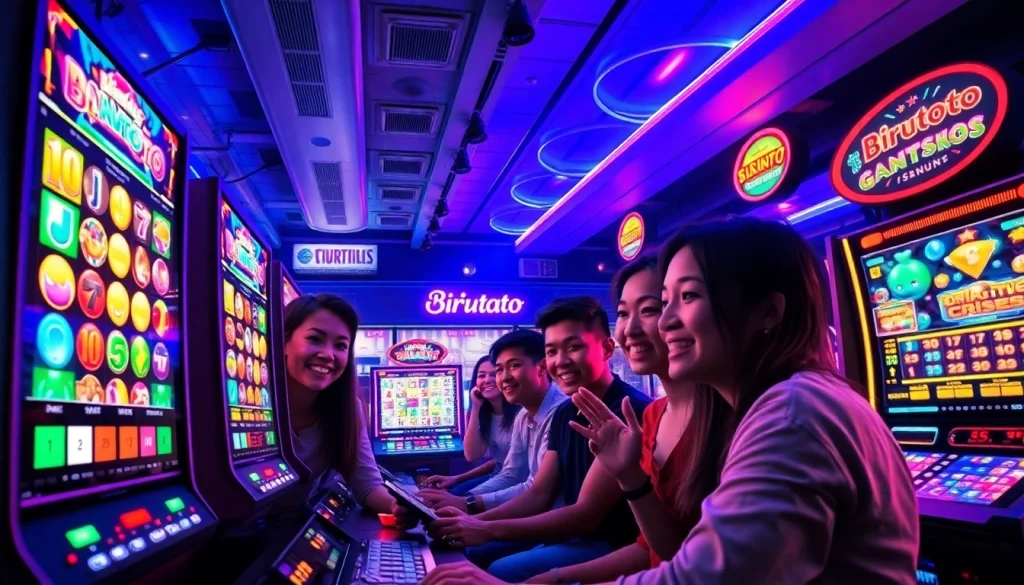 Adegan permainan online Birutoto yang menarik dengan pemain yang beragam dan layar yang penuh warna.