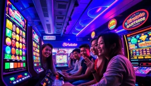 Adegan permainan online Birutoto yang menarik dengan pemain yang beragam dan layar yang penuh warna.