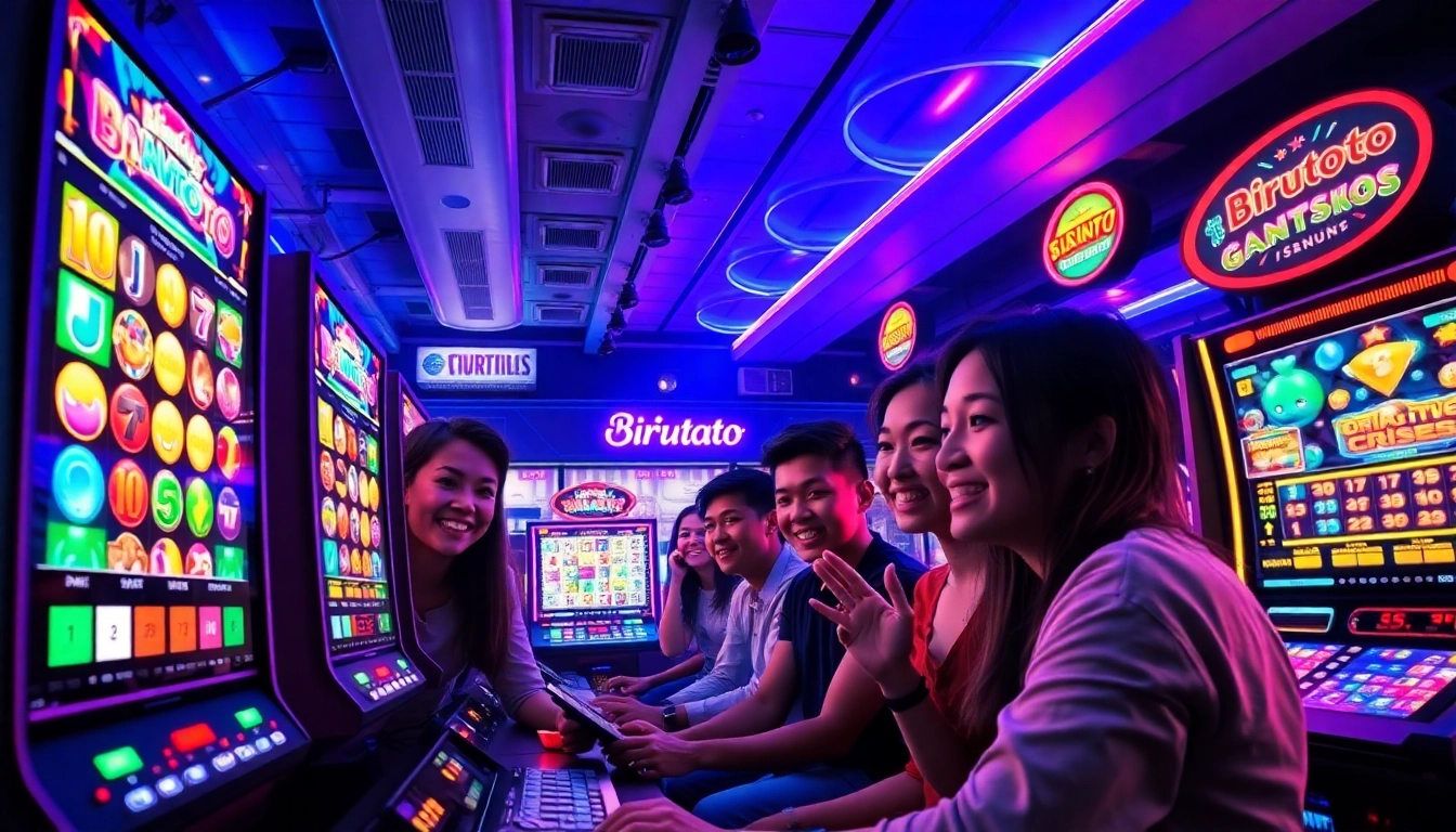 Adegan permainan online Birutoto yang menarik dengan pemain yang beragam dan layar yang penuh warna.