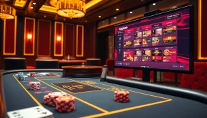 Experience the thrill of VUA99's luxury casino with vibrant gaming tables and online betting screens.
